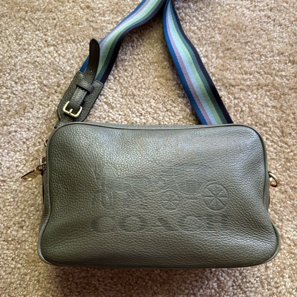 Coach Green Pebbled Leather Crossbody Camera Bag with Rainbow Strap